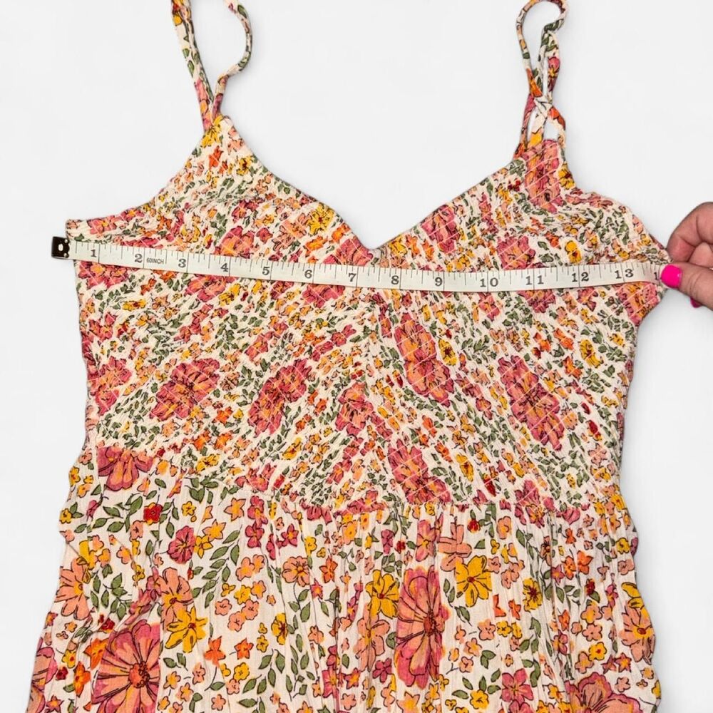 Orange and Pink Floral Cottagecore Maxi Dress with Spaghetti Straps; Size SMALL - Picture 3 of 6